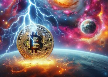 una moneda de BTC en medio del universo.