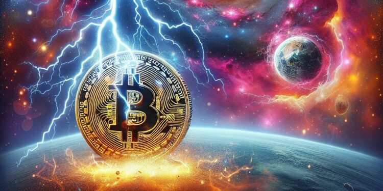 una moneda de BTC en medio del universo.