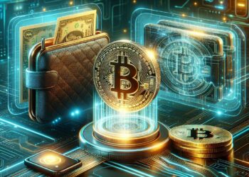 Una wallet de Bitcoin junto a monedas de BTC.