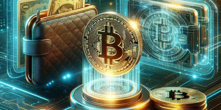 Una wallet de Bitcoin junto a monedas de BTC.