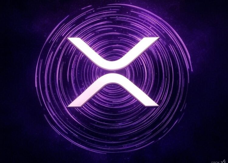Un circulo de ondas purpura con el logo de XRP.