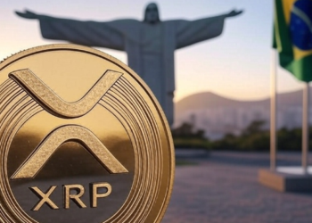 Una moneda dorada con el logo de XRP, delante del Cristo Redentor y una bandera de Brasil.