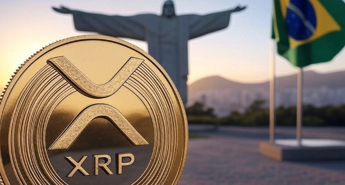 Una moneda dorada con el logo de XRP, delante del Cristo Redentor y una bandera de Brasil.