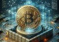 Una moneda de BTC envuelta en un entorno tecnológico.