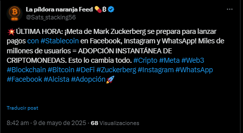 Comentario en X sobre la posible adopción de criptomonedas en Meta para el pago en Instagram.