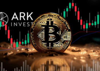 moneda de bitcoin con un gráfico de fondo y el logo de Ark Invest.