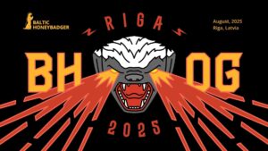 Logo del evento Baltic Honeybadger 2025, con un tejón agresivo disparando rayos rojos por los ojos, acompañado del texto “RIGA BH OG 2025” en colores intensos y fondo negro.