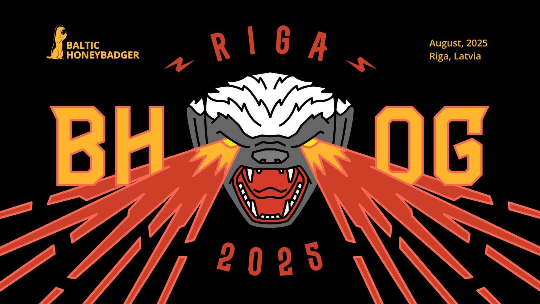 Logo del evento Baltic Honeybadger 2025, con un tejón agresivo disparando rayos rojos por los ojos, acompañado del texto “RIGA BH OG 2025” en colores intensos y fondo negro.