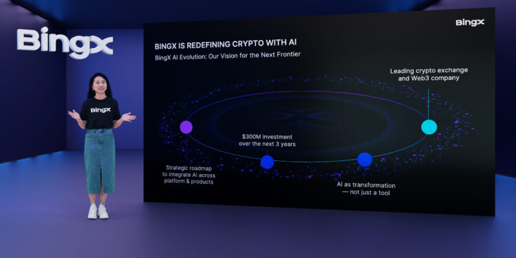 Una persona está de pie frente a una pantalla grande con el logotipo de BingX. La pantalla dice: "BingX está redefiniendo el cripto con IA. BingX AI Evolution.