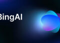 Imagen con un fondo oscuro y gradiente azul, que muestra el texto 'BingAI' en letras blancas grandes. A la derecha, hay un diseño abstracto de forma ovalada en tonos azules y púrpuras con un efecto de luz brillante.
