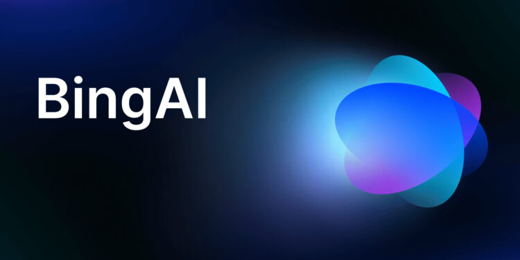 Imagen con un fondo oscuro y gradiente azul, que muestra el texto 'BingAI' en letras blancas grandes. A la derecha, hay un diseño abstracto de forma ovalada en tonos azules y púrpuras con un efecto de luz brillante.