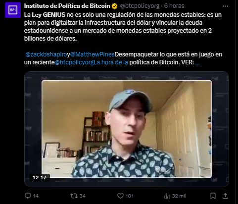 Un mensaje del Bitcoin Policy Institute sobre la inminente aprobación de la regulación para las stablecoins de Estados Unidos.