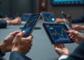 Varios ejecutivos sosteniendo tablets en sus manos y visualizando gráficos de bitcoin.