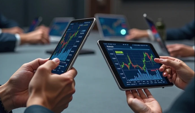 Varios ejecutivos sosteniendo tablets en sus manos y visualizando gráficos de bitcoin.