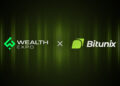 Logo de Bitunix y logo del evento Wealth Expo 2025 en fondo verde.