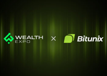 Logo de Bitunix y logo del evento Wealth Expo 2025 en fondo verde.