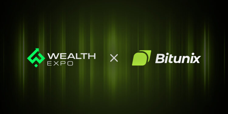 Logo de Bitunix y logo del evento Wealth Expo 2025 en fondo verde.