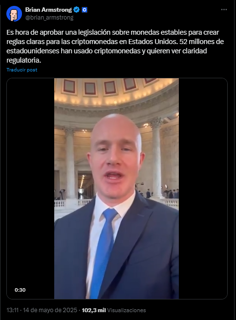 El CEO de Coinbase, Brian Armstrong, insta a aprobar la Ley GENIUS para la regulación de las stablecoins.