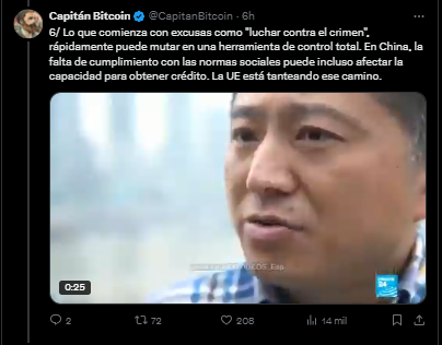 Mensaje de Capitan Bitcoin en X sobre el euro digital.