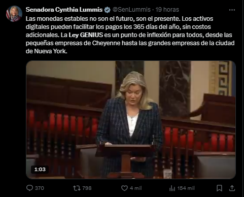Un mensaje en X de la senadora Cynthia Lummis defendiendo a la Ley GENIUS en el Senado de EE. UU.