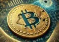 Una moneda de bitcoin en un entorno matemático tecnológico.