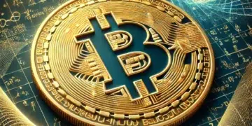 Una moneda de bitcoin en un entorno matemático tecnológico.