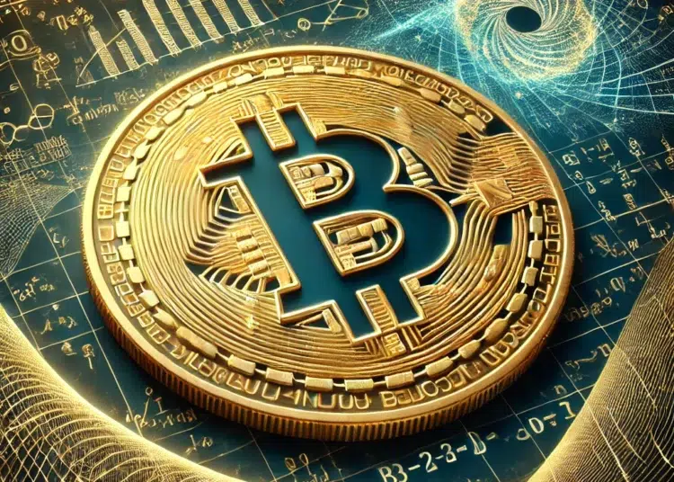 Una moneda de bitcoin en un entorno matemático tecnológico.