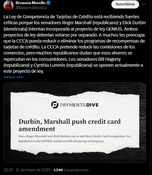 Un mensaje de la periodista Breaana Morelo sobre el debate en el Senado acerca de la Ley GENIUS para regular las stablecoins en EE. UU.