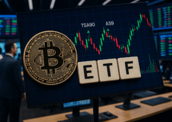 Computadora con un gráfico financiero junto a una moneda de bitcoin