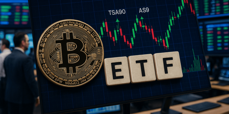 Computadora con un gráfico financiero junto a una moneda de bitcoin