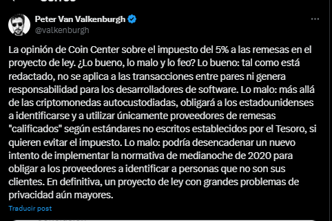 Un mensaje en X de Peter Van Valkenburgh comentado sobre un proyecto de ley de Trump que incluye 5% de impuesto a las remesas.