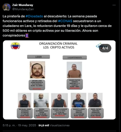 Denuncia en X del exfiscal Zair Mundaray sobre la banda apodada Los CriptoActivos.