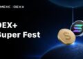 Imagen promocional del evento DEX+ Super Fest de MEXC con las monedas de USDT y SOL