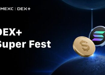 Imagen promocional del evento DEX+ Super Fest de MEXC con las monedas de USDT y SOL