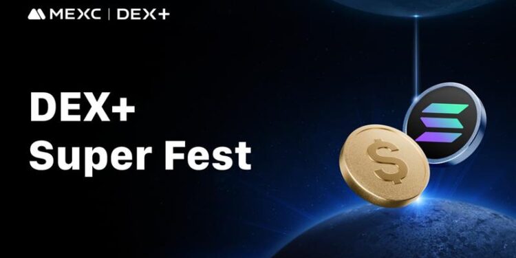 Imagen promocional del evento DEX+ Super Fest de MEXC con las monedas de USDT y SOL
