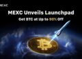 Pancarta promocional del lanzamiento de "Launchpad" de MEXC. En el fondo, un cohete despega desde una gran moneda de Bitcoin.