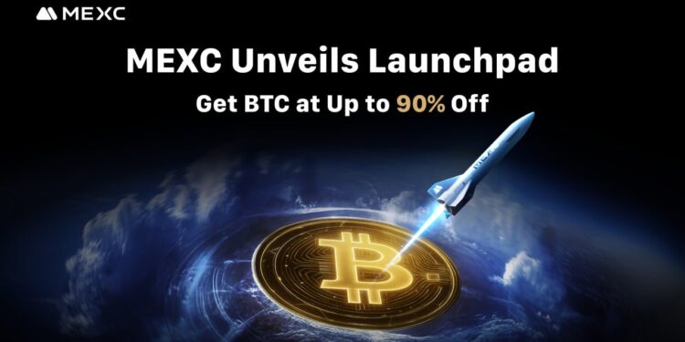 Pancarta promocional del lanzamiento de "Launchpad" de MEXC. En el fondo, un cohete despega desde una gran moneda de Bitcoin.