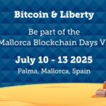 Bannere del Mallorca Blockchain Days VI con un logo de Bitcoin "vestido" de pirata y la fecha y lugar del evento.