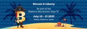 Bannere del Mallorca Blockchain Days VI con un logo de Bitcoin "vestido" de pirata y la fecha y lugar del evento.