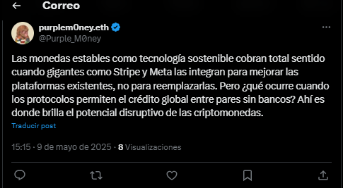 Comentario en X sobre la integración de stablecoins en Meta
