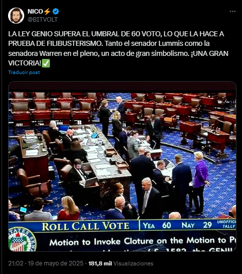 Opinión en X de la comunidad sobre la aprobación de la Ley GENIUS en el Senado.