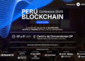 Cartel de la "Perú Blockchain Conference 2025", 4ª edición. Fechas: 20 y 21 de junio. Lugar: Centro de Convenciones CIP, San Isidro, Lima. Entradas en Joinnus. Patrocinadores: Binance, ATFX, AgenteBTC, Exness, BitGo, Chainalysis. Fondo azul abstracto.