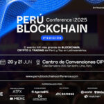 Cartel de la "Perú Blockchain Conference 2025", 4ª edición. Fechas: 20 y 21 de junio. Lugar: Centro de Convenciones CIP, San Isidro, Lima. Entradas en Joinnus. Patrocinadores: Binance, ATFX, AgenteBTC, Exness, BitGo, Chainalysis. Fondo azul abstracto.