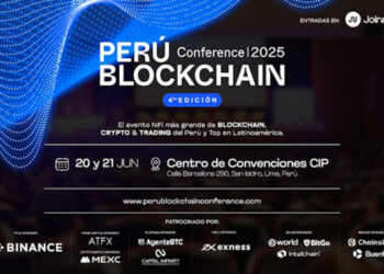 Cartel de la "Perú Blockchain Conference 2025", 4ª edición. Fechas: 20 y 21 de junio. Lugar: Centro de Convenciones CIP, San Isidro, Lima. Entradas en Joinnus. Patrocinadores: Binance, ATFX, AgenteBTC, Exness, BitGo, Chainalysis. Fondo azul abstracto.