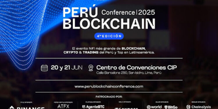 Cartel de la "Perú Blockchain Conference 2025", 4ª edición. Fechas: 20 y 21 de junio. Lugar: Centro de Convenciones CIP, San Isidro, Lima. Entradas en Joinnus. Patrocinadores: Binance, ATFX, AgenteBTC, Exness, BitGo, Chainalysis. Fondo azul abstracto.