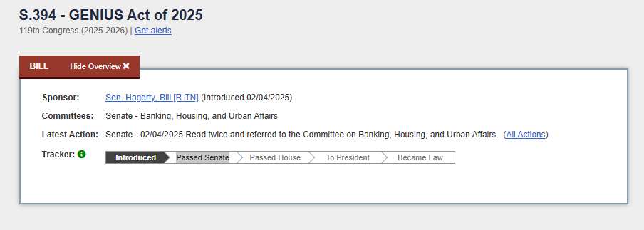 Proceso legislativo del proyecto de Ley GENIUS para la regulación de las stablecoins en Estados Unidos.