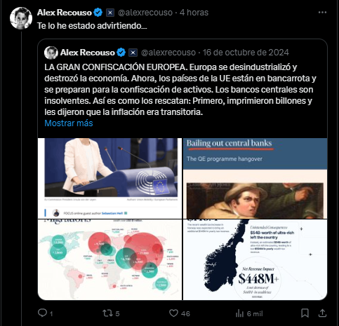 Mensaje de Alex Recouso en X advirtiendo sobre el peligro para el dinero de los europeos.