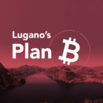 Imagen panorámica de Lugano con montañas y un lago al fondo, teñida en tonos rojos. En el centro, el texto "Lugano's Plan ₿" con un símbolo de Bitcoin, destacando el evento relacionado con criptomonedas.