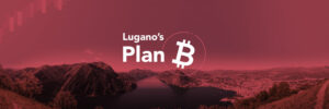 Imagen panorámica de Lugano con montañas y un lago al fondo, teñida en tonos rojos. En el centro, el texto "Lugano's Plan ₿" con un símbolo de Bitcoin, destacando el evento relacionado con criptomonedas.