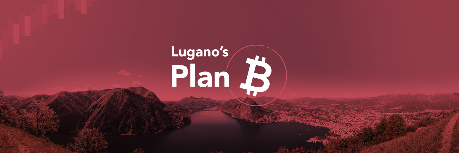 Imagen panorámica de Lugano con montañas y un lago al fondo, teñida en tonos rojos. En el centro, el texto "Lugano's Plan ₿" con un símbolo de Bitcoin, destacando el evento relacionado con criptomonedas.